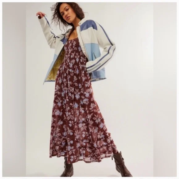 Free People Starlit Nights MIDI Dress Smocked Sheer Slip Floral Medium Med M FP - Picture 4 of 8